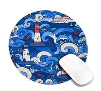 Lighthouse Small Mouse Pad, Nautical Playful Waves Dolphin Summer Blue Round Rubber Smooth Mini Travel Desk Mousepad Desk Accessories for Gaming Computer Laptop Round 8x8 Inch