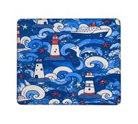 Lighthouse Small Mouse Pad, Nautical Playful Waves Dolphin Summer Blue Square Rubber Smooth Aesthetic Mousepads Accessories for Office Home Computer Laptop Square 8x10 Inch