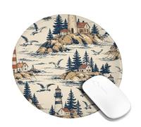 Lighthouse Small Mouse Pad, Nautical Vintage Coastal Gull House Summer Navy Blue Round Rubber Non Slip Portable Travel Mousepad Desk Accessories for Gaming Computer Laptop Round 8x8 Inch