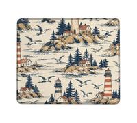 Lighthouse Small Mouse Pad, Nautical Vintage Coastal Gull House Summer Navy Blue Square Rubber Non Slip Stitched Edge Cloth Mousepad Desk Decor for Office Home Dorm Laptop Square 8x10 Inch