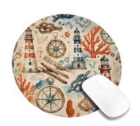 Lighthouse Small Mouse Pad, Nautical Vintage Compass Coral Summer Blue Round Rubber Smooth Mini Travel Desk Mousepad Idea for Home Office Desk Laptop Gamers Gift Round 8x8 Inch