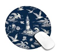 Lighthouse Small Mouse Pad, Nautical Vintage Seagulls Waves Summer Navy Round Rubber Washable Stitched Edge Cloth Mousepad Desk Decor for Office Home Dorm Laptop Round 8x8 Inch