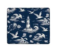 Lighthouse Small Mouse Pad, Nautical Vintage Seagulls Waves Summer Navy Square Rubber Non Slip Mini Travel Desk Mousepad Accessories for Office Home Computer Laptop Square 8x10 Inch