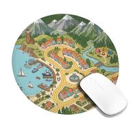 Lighthouse Small Mouse Pad, Scenic Cartoonish Mountains Coastal Town Summer Green Round Rubber Smooth Stitched Edge Cloth Mousepad Desk Decor for Office Home Dorm Laptop 8x8 Inch