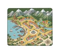 Lighthouse Small Mouse Pad, Scenic Cartoonish Mountains Coastal Town Summer Green Square Rubber Non Slip Aesthetic MousePads Desk Decor for Office Home Dorm Laptop 8x10 Inch