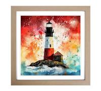 Lighthouse Splatter Art No.2 Framed Print | 18x18 Inch Oak Framed Wall Art | Ready to Hang | Modern Cityscape Picture | Living Room Bedroom Lounge Office