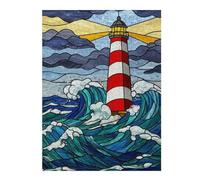 Lighthouse Stained Glass Ocean Waves Artistic Jigsaw Puzzle for Adults, 500 PCS