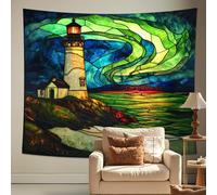 Lighthouse Stained Glass Tapestry, Vibrant Green Cyan Coastal Wall Hanging, Nautical Decor for Bedroom, Living Room, Dorm 60x40 Inch