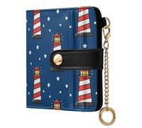 Lighthouse Star Blue Print Small Women Wallet PU Leather RFID Blocking Bifold Compact Card Holder with Coin Pocket Zipper Purse for Ladies Girls Women