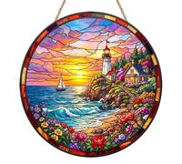 Lighthouse Sun Catchers for Windows, Acrylic Stained Glass Effect Suncatcher, Flat Window Hanging Ornament, Seaside Lighthouse Sun Catcher, Coastal Home Decor for Garden, Patio & Bedroom
