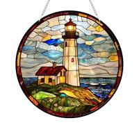 Lighthouse Suncatcher, 20x20cm Acrylic Stained Glass with Chain, Round Sun Catchers for Windows, Hanging Garden Ornaments for Indoor and Outdoor, Unique Home Decor Gift