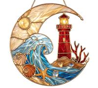 Lighthouse Suncatchers for Windows, Stained Glass Sun Catcher for Windows, Moon Garden Ornaments Outdoor with Wave, Acrylic Window Hanging Decor for Home, Garden, Patio & Balcony