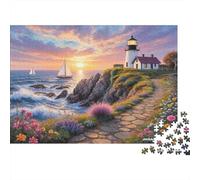 Lighthouse Sunset Jigsaw Puzzles 1000Pc Recyclable Material Ocean View Senior Puzzles Impossible Hard Difficult Challenging Educational Game for Men 52x38cm/1000pcs