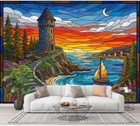 Lighthouse Sunset Sea View Wall Murals 400x280cm Mural Wallpaper Stained Glass Coastal Style Wall Art Large Format Digital Print for Bedroom Living Room Tv Background Wall Decoration, Deep Blue