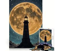 Lighthouse Under A Giant Moon Jigsaw for Adults 1000 Pieces Brain Calisthen Clean Connection Pattern Assemble Ideal Decor (50x75cm)