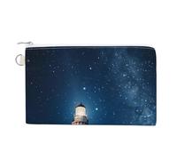 Lighthouse Under Starry Night Coin Purses with Zipper, Personalized Zero Wallet for Shopping, Small Makeup Pouches Bag for Travel, Card Organizer Case, Portable Canvas Change Purses