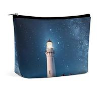 Lighthouse Under Starry Night Makeup Bag, Portable PU Leather Cosmetic Bag with Zipper Pouch, Waterproof Travel Toiletry Bag for Women Men