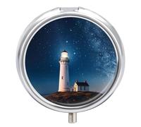 Lighthouse Under Starry Night Pill Box 3 Compartment Small, Personalized Pill Organizer with Mirror, Portable Pill Case for Pocket Or Purse, Round Pill Containe Travel Gifts, Pill Holder