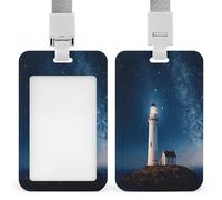 Lighthouse Under Starry Night Sky Badge Holders Retractable ID Badge Holder with Lanyard Heavy Duty Badges Reel Card Protector Detachable ID Card Holder for Nurse Teacher Staff Officer