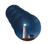 Lighthouse Under Starry Night Sky Car Air Fresheners 4 Pcs Round Shape Hanging Car Air Freshener Fragrance Scented Cards Auto Mirror Pendant Aromatherapy Tablets For Car Home Office Closet Bathroom