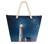 Lighthouse Under Starry Night Sky Large Tote Bag for Women, Waterproof Durable Beach Bag with Hemp Rope Handle, Multifunctional Hemp Rope Shopping Bag for Beach Park Travel Work Daily Use