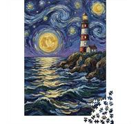 Lighthouse Under Starry Night Sky Painting 1000-Piece Jigsaw Puzzle for Adults, 70x50cm/1000pcs, Relaxing Screen-Free Hobby, Weekend Downtime And Puzzle Lovers