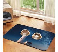 Lighthouse Under Starry Night Sky Pet Feeding Mat Absorbent Pu Leather Dog Cat Food Mats Contain Spills Protects Floors, Anti-Slip Rubber Backing Dog Bowl Mats Easy Clean Pet Placemats 40x60cm