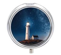 Lighthouse Under Starry Night Sky Pill Box Small Round Pill Case Portable Travel Pill Container Multi-Functional Moisture Proof Metal Medicine Pill Organizer Box for Vitamins Fish Oil