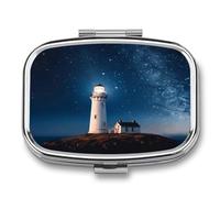 Lighthouse Under Starry Night Sky Pill Organizer with 2 Compartments Metal Square Pill Case Small Pill Box Portable Medicine Box Slim Travel Pill Container Medicine Organizer for Daily Use