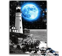 Lighthouse Under The Blue Moon Jigsaw Puzzles for Teenagers 1000 Jigsaws,Brain Intelligence Challenge Addictive Toys for Home Decoration (50x75cm)