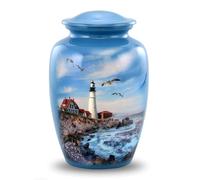 Lighthouse Urn - Full Size Portland Head Lighthouse Cremation Urn - Adult Urns for Men and Women - Ocean Blue Funeral and Memorial Urns for Human Ashes Upto 210 Lbs with Velvet Bag (Large)