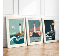 Lighthouse Vigil Geometric Set of 3 Framed Wall Art Prints A4 (29.7×21cm)