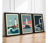 Lighthouse Vigil Geometric Set of 3 Framed Wall Art Prints A4 (29.7×21cm)