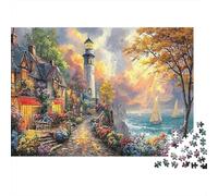 Lighthouse Village 1000 Piece Lighthouse in Coastal Village Scene Jigsaws Puzzles for Adults And Kids Family Educational Games 1000 Pieces Beautiful Decoration Challenge High Difficulty 52x38cm/1000pc