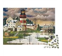 Lighthouse Village Scene 1000pc Winter Light Heavy-duty Cardboard Jigsaw Puzzle for Adults Brain Teaser Lovers Team Building Activity Leisure Entertainment 70x50cm/1000pcs