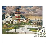 Lighthouse Village Scene Jigsaws 1000 Pieces for Adults on Thick Blue Board Jigsaws for Adults As A Fun And Challenging Family Game for Collectible Art 52x38cm/1000pcs