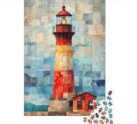 Lighthouse Watercolor Art Patchwork Lighthouse at Sunset 1000 Piece Jigsaw Puzzle for Adults, 52x38cm/1000pcs, White Cardboard, Gift Idea for Puzzle Lovers And Evening Downtime
