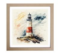 Lighthouse Watercolour Framed Print | 18x18 Inch Oak Framed Wall Art | Ready to Hang | Modern Cityscape Picture | Living Room Bedroom Lounge Office