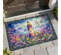Lighthouse Welcome Door Mat, Watercolor Fanciful Flowers Rocks Spring Blue Non-Slip Dirt Trapper Under Doormat Rug Entryway Decor for Front Porch Bathroom Office 29x17 Inch