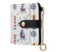 Lighthouse White Sailboat Pattern Small Women Wallet RFID Blocking Leather Bifold Compact Card Holder with Zipper Coin Pocket Purse for Ladies Women Girls