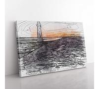 Lighthouse With Orange Sunset In Abstract Modern Art Canvas Wall Art Print Ready to Hang, Framed Picture for Living Room Bedroom Home Office Décor, 76x50 cm (30x20 Inch)