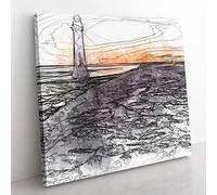 Lighthouse with Orange Sunset in Abstract Modern Canvas Wall Art Print Ready to Hang, Framed Picture for Living Room Bedroom Home Office Décor, 50x50 cm (20x20 Inch)