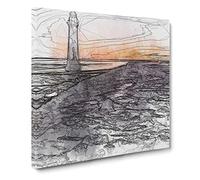 Lighthouse with Orange Sunset in Abstract Modern Canvas Wall Art Print Ready to Hang, Framed Picture for Living Room Bedroom Home Office Décor, 14x14 Inch (35x35 cm)