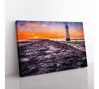 Lighthouse With Orange Sunset Painting Modern Art Canvas Wall Art Print Ready to Hang, Framed Picture for Living Room Bedroom Home Office Décor, 76x50 cm (30x20 Inch)