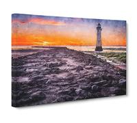 Lighthouse With Orange Sunset Painting Modern Art Canvas Wall Art Print Ready to Hang, Framed Picture for Living Room Bedroom Home Office Décor, 20x14 Inch (50x35 cm)