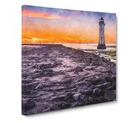 Lighthouse with Orange Sunset Painting Modern Canvas Wall Art Print Ready to Hang, Framed Picture for Living Room Bedroom Home Office Décor, 20x20 Inch (50x50 cm)