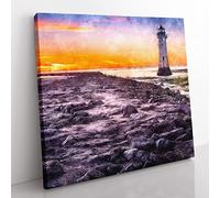 Lighthouse with Orange Sunset Painting Modern Canvas Wall Art Print Ready to Hang, Framed Picture for Living Room Bedroom Home Office Décor, 50x50 cm (20x20 Inch)