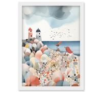 Lighthouses On Multicoloured Pebble Beach Watercolour Painting Artwork Framed Wall Art Print A4 Artery8 White One Size
