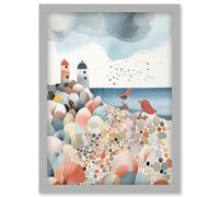 Lighthouses On Multicoloured Pebble Beach Watercolour Painting Artwork Framed Wall Art Print A4 Artery8 Light Grey One Size