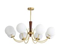 Lighting 6-Lights Ribbed Milk Glass Chaner Farmhouse Rustic Walnut Wood Chaner Lighting Frosted White Globe Pendant Light Mid Century Modern d Semi Flush Mount Ceiling Light